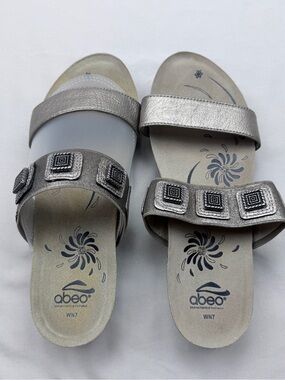 Abeo Silver Metallic Double-Strap Slide Sandals with Decorative Squares